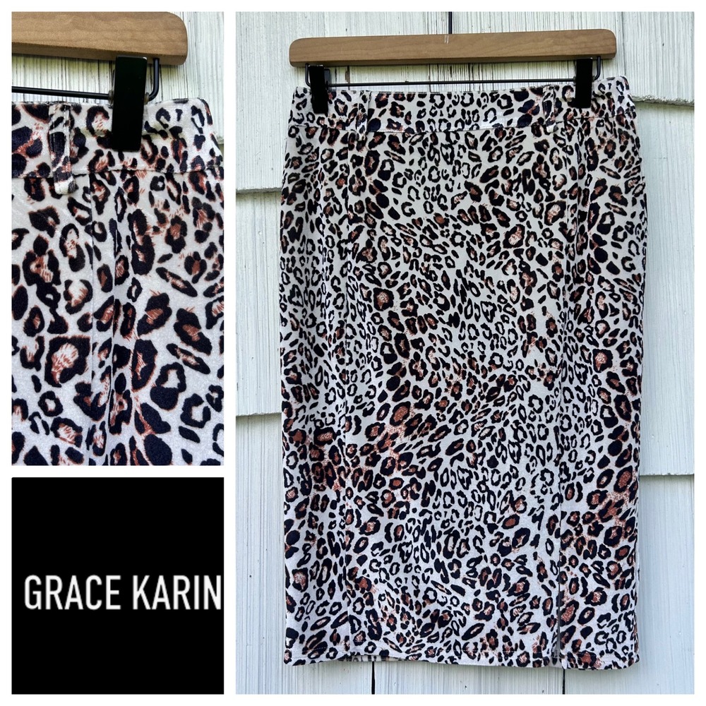 Kate Kasin Womens Leopard Print Velvet Pencil Skirt Knee Length Front Slit  M